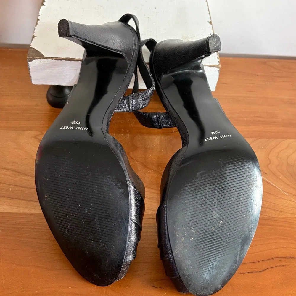 Nine West Black Leather Slingback Peep Toe Heels Silver Hardware Stiletto 10M
